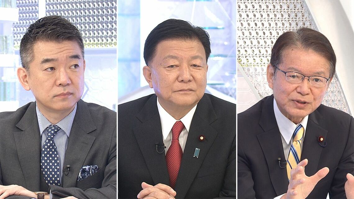 自民党の新藤義孝政調会長代行、立憲民主党の長妻昭政調会長、橋下徹氏