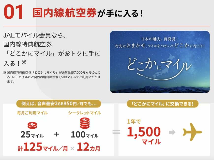 年1回、「どこかにマイル」が1500マイルで利用可能に（画像：JALモバイルのホームページより）