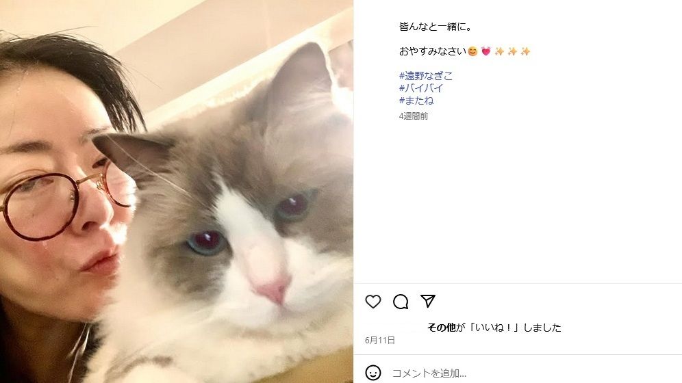 遠野さんと愛猫の愁くん(遠野なぎこさんインスタより)※一部加工しています