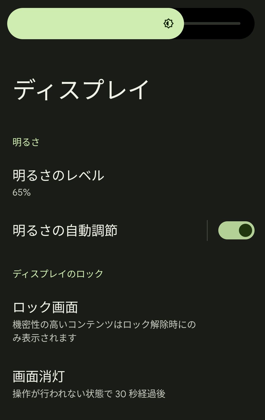 ディスプレイ設定で、利用に支障のない限界まで明るさを下げておく。点灯時間を短くするのも有効な設定だ（筆者撮影）