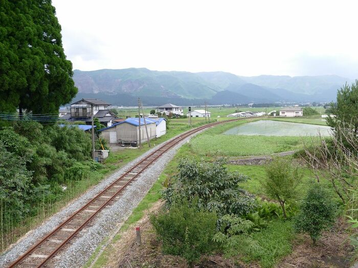 外輪山の内側に入った豊肥線の線路
