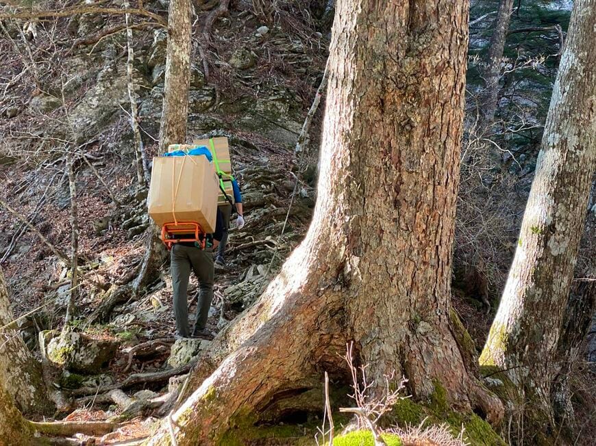 大きな荷物を背負って山道を登る「歩荷」たち