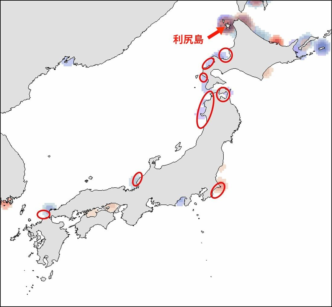 利尻島（星印）で繁殖する2種類のカモメの越冬・渡り中継地と促進区域（候補地含む）が重なる場所（風間健太郎准教授作成）