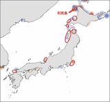 利尻島（星印）で繁殖する2種類のカモメの越冬・渡り中継地と促進区域（候補地含む）が重なる場所（風間健太郎准教授作成）