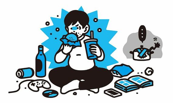 ストレスでヤケ食い、ヤケ酒をする男性のイラスト