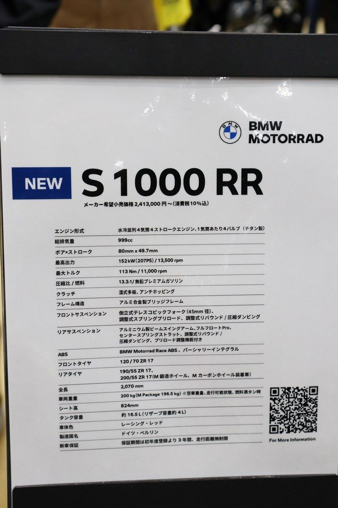 ベースとなるS1000RRのスペック（筆者撮影）