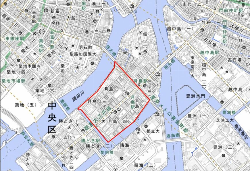 月島の位置（国土地理院 電子国土Webより筆者作成）