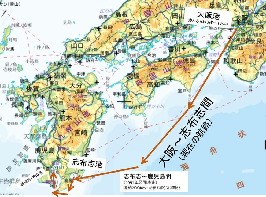 「さんふらわあ」鹿児島港が寄港する場合は、大幅に遠回りする必要があった（地理院地図より筆者加工）