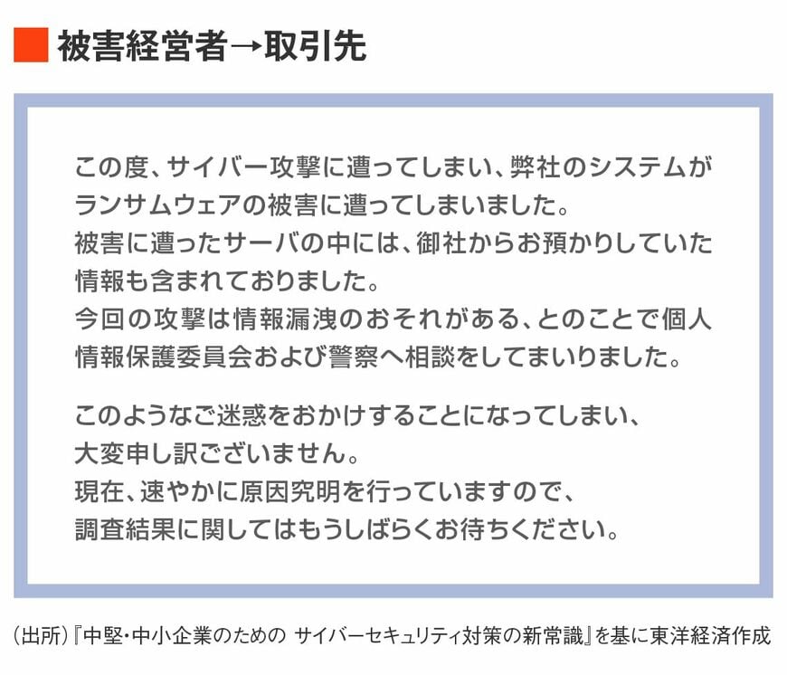サイバー攻撃に遭った経営者から取引先への報告