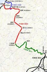 広島―浜田間を結ぶ「広浜鉄道」を構成する各線のルート（距離は特記除き三段峡起点）。今福線は工事途中で中止された。可部線は利用者の少ない可部―三段峡間が廃止されたが、のちに可部―あき亀山間が復活している（国土地理院地図を筆者加工）