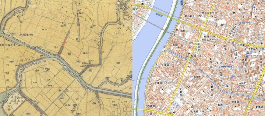 左の古地図の赤い十字が船堀だ。周りは「水田」の文字で埋め尽くされている（「農業環境技術研究所」歴史的農業環境閲覧システムより） 