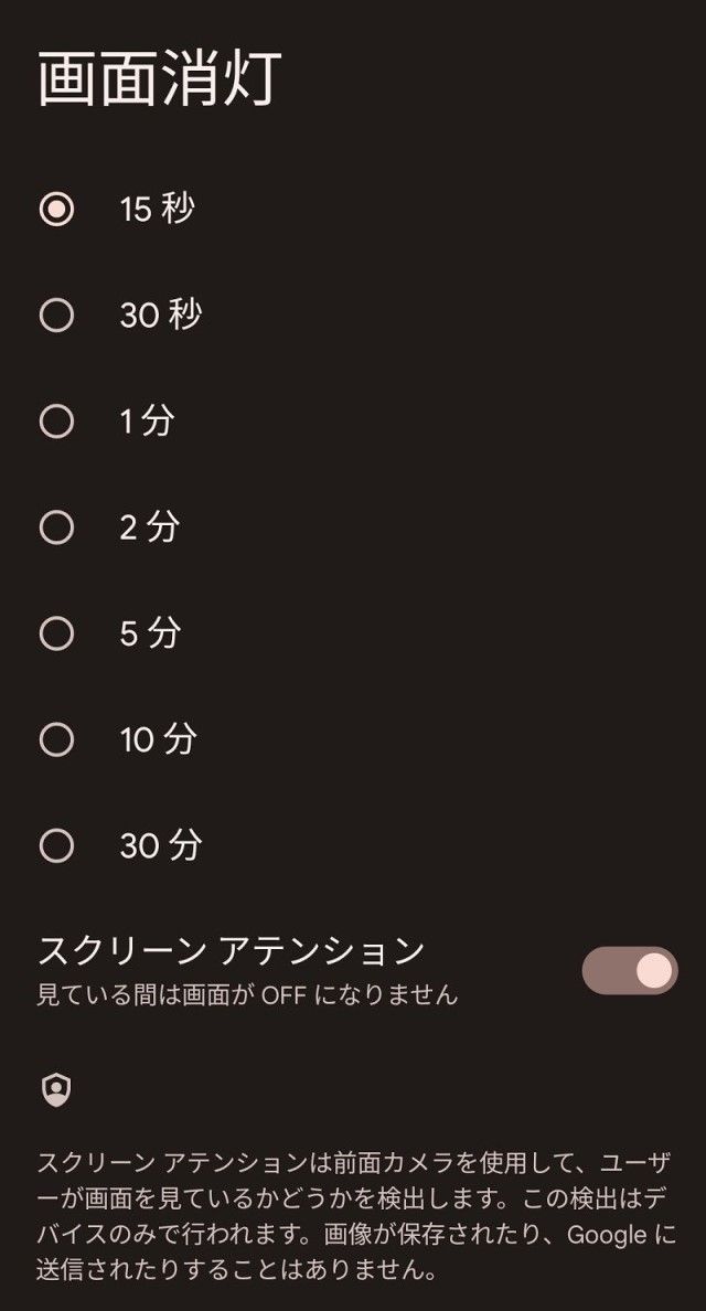 ユーザーが画面を見ている際に、画面が消えないようにする機能も用意されている。Pixelではスクリーンアテンションという名称（筆者撮影）