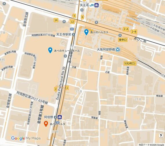 各駅と「あべのベルタ」「あべのキューズモール」「あべのハルカス」の位置関係