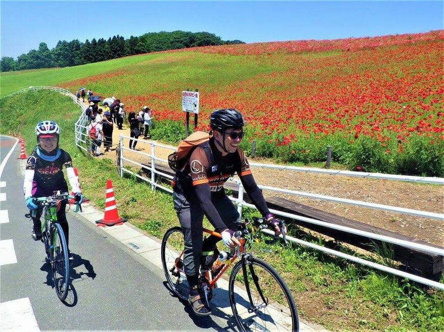 秩父高原牧場の「天空のポピー」の会場脇を走る、2016年の坂田さん夫婦（写真：瀬戸圭祐氏 撮影）
