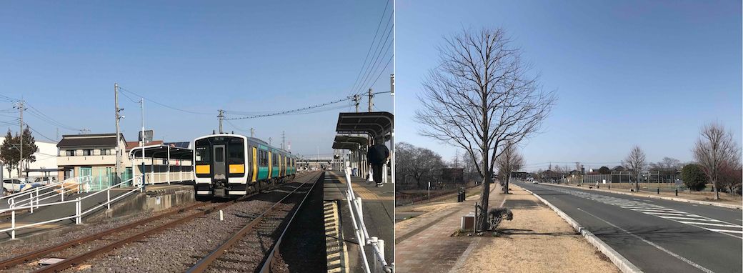 JR上菅谷駅（左）と同駅に向かう道路（右）。開放的な景色が広がっていた（筆者撮影）