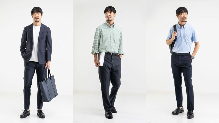 クールビズの着こなし3パターン、セットアップにTシャツ、ワイシャツ、ポロシャツ