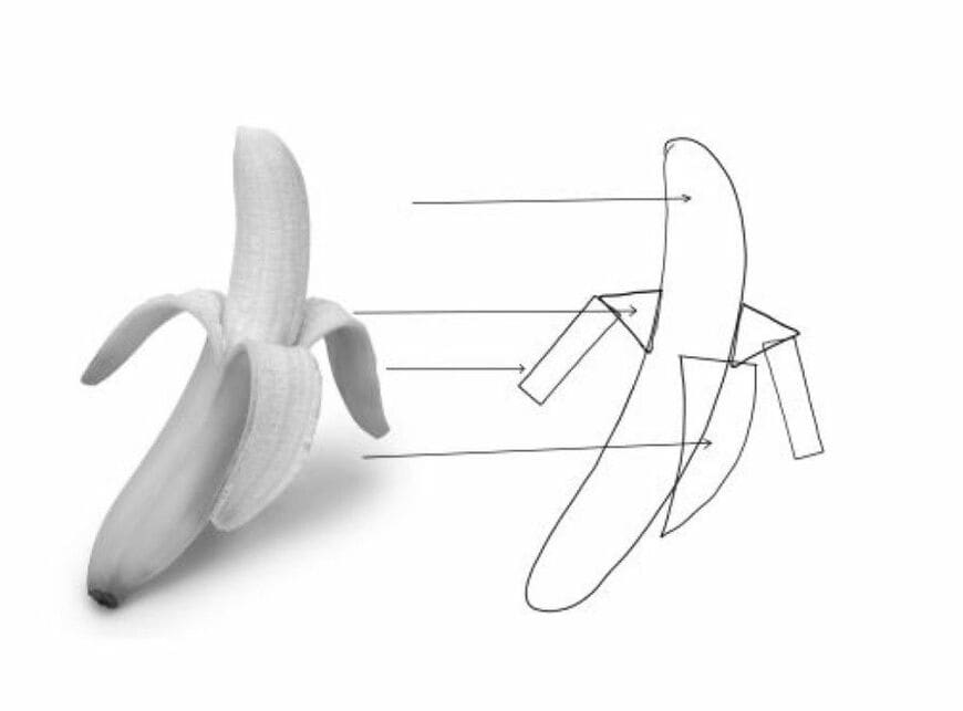 バナナの皮部分は三角形や長方形を使うなど、どんな「図形」で成り立っているかを考えて「設計図」を描く（出所：『誰でも30分で絵が描けるようになる本』）