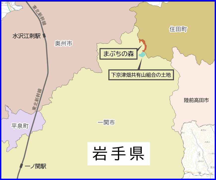 まぶちの森（赤色の部分）と下京津畑共有山組合の土地（青緑色の部分）の位置（国土数値情報を使用し、ごん屋が作成）