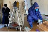 孤独死の現場では最後まで遺族が現れないこともある（写真左）。遺体の発見が遅れると体液が床の奥に浸透し、作業工程も増える（写真右）（画像：武蔵シンクタンク）
