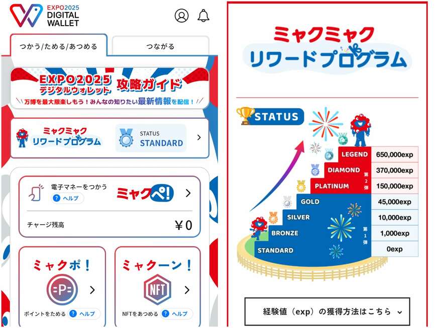 EXPO2025デジタルウォレットアプリ（左）とミャクミャクリワードプログラムのステータスと必要な経験値（画像：筆者撮影）