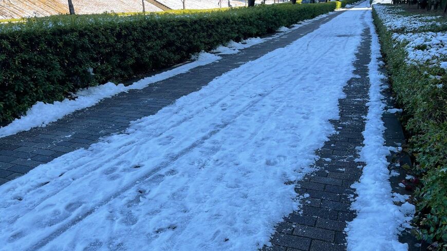 2月11日11時頃の東京都内某所。日当たりの悪い道路にはまだ雪が残り、シャーベット状になっているところも（東洋経済オンライン編集部撮影）
