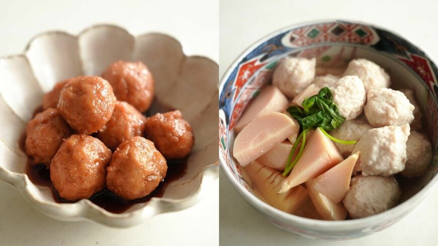 「鶏団子の照り煮」と「鶏団子のタケノコの煮物」
