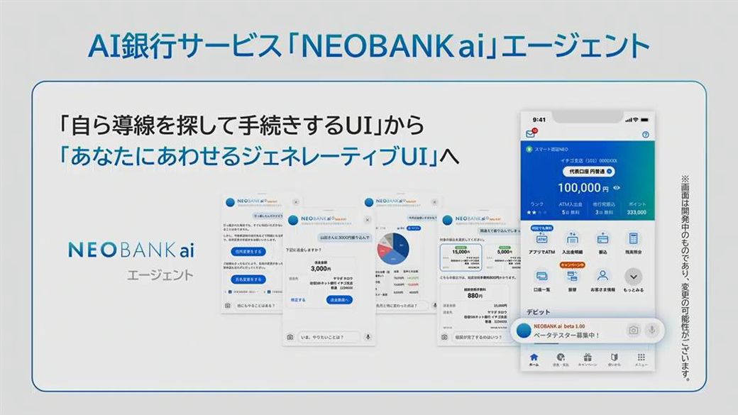 2026年2月に提供開始する『NEOBANK ai』。音声やチャットで銀行取引ができる（3社会見のスクリーンショットより）