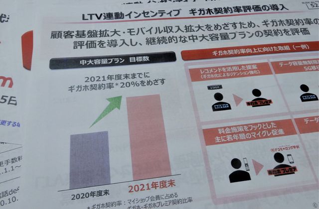 ドコモが代理店に対し、来年度から大容量プランの獲得率評価を導入する旨を示していた内部資料。ドコモは施策の表面化を恐れてか急遽取りやめた（記者撮影）
