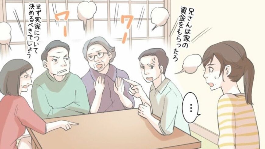 義父母の介護を押し付けられ、相続となるともめている家族。こういった場合に請求できる特別寄与料について説明します（イラスト／しょしょこいち）