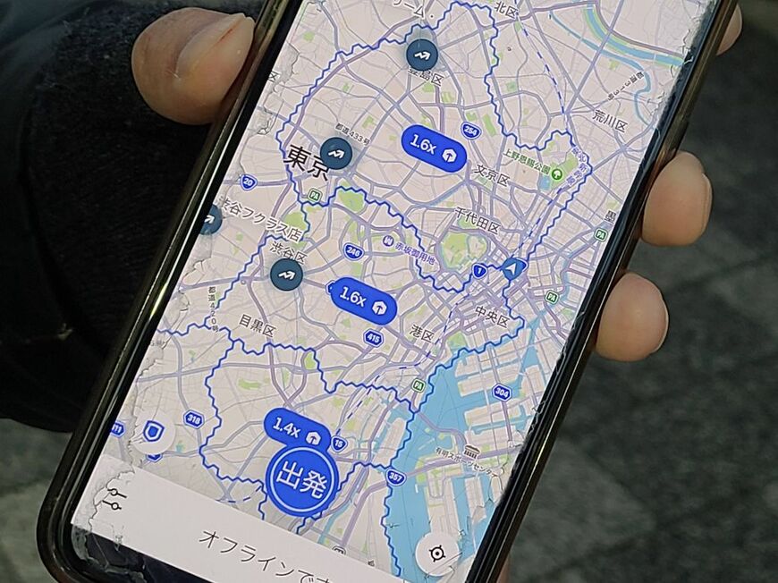 基本料金が加算される「ブースト」はエリアごとに決まっている。このエリアから出ないよう、工夫する配達員が多い（記者撮影）