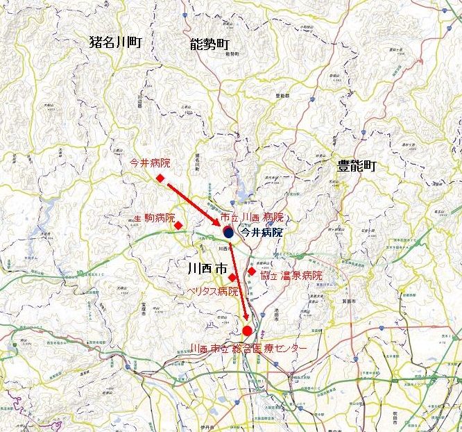 川西市の主な病院の位置