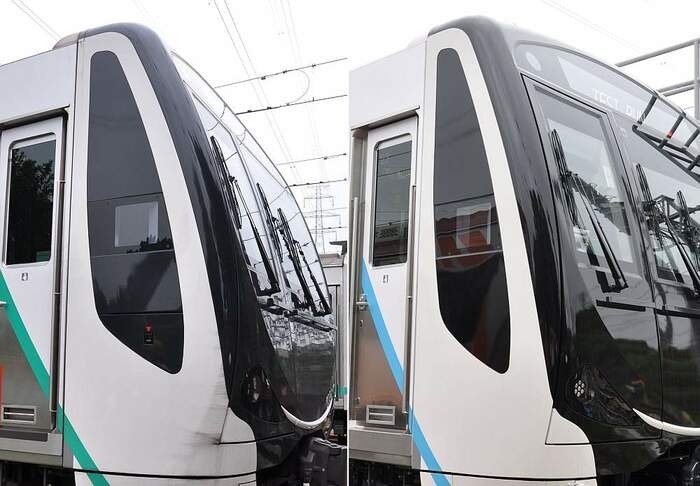 3020系（右）は小窓下のドアコック（赤▼印）がない