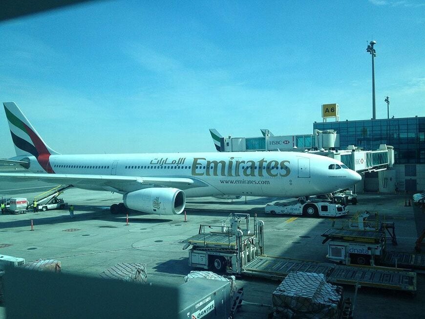 欧州―豪州ルートに積極的なエミレーツ航空（ドバイにて筆者撮影）