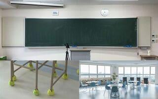 教室前面に掲示物はなく、両サイドの連絡板も授業中は隠す。各教室の時計は、デジタルとアナログの両方を設置（上）するほか、静寂を保つために机やいすの脚はテニスボールで覆う（左下）など、生徒の特性に配慮。北欧の学校環境を参考に、展望ラウンジ（右下）など生徒の生活空間の家具は主にスウェーデン製のイケアを選んでいる