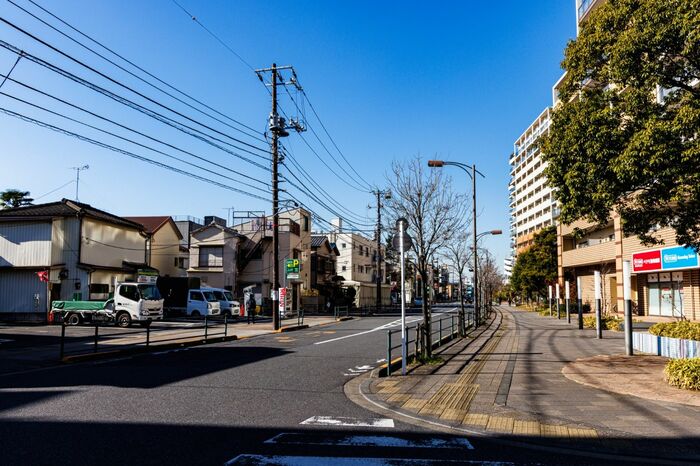 右手の工場跡地マンションと左手の古い住宅地、くっきりと