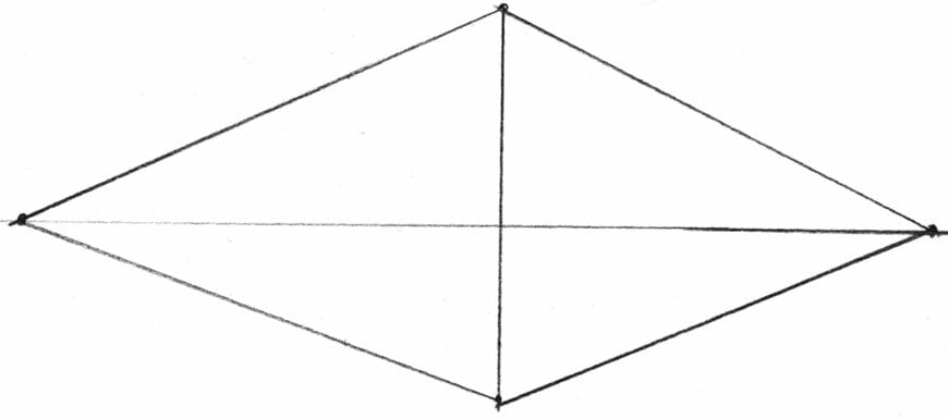 水平線に垂直に基準線を描き、アイレベル（視線の高さ）の上下に対象物を描いていく「二点透視図法」で描くと、立体的に描くことができる（出所：『たった30日で「プロ級の絵」が楽しみながら描けるようになる本』）