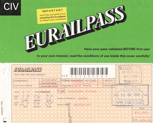 1994年利用時のチケットホルダーとユーレイルパス