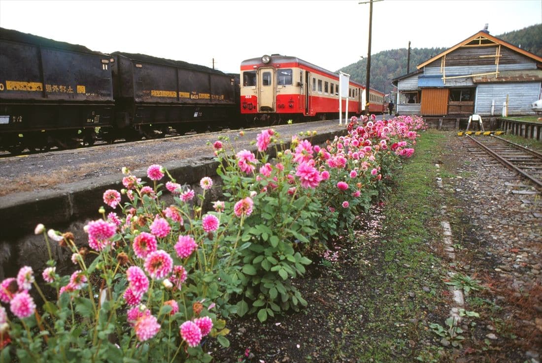 歌志内駅に停車する列車。奥には石炭貨車が見える（撮影：南正時）
