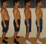 メタボ体形が気になった2013年のころ（一番左）。左から3カ月後→5カ月後→1年後（写真：『ドクターズスクワット 医者が考案した「30秒で運動不足を解消する方法」』）