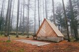 森に佇む三角形のサウナ小屋。塗装されておらず、これからの木材の色の変化も楽しみ（写真：『小屋の時間』）