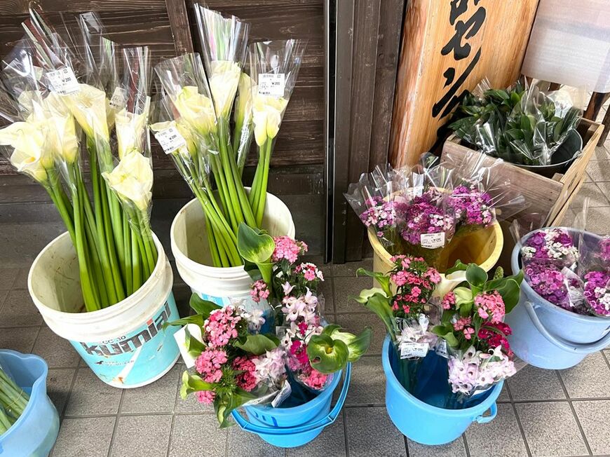 色とりどりの季節の花も並ぶ（筆者撮影）