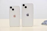 iPhone 13 mini（左）とiPhone 13（右）、いずれも新色スターライト。背面は真っ白なガラスだが、側面は淡いシャンパンゴールドのような表情を見せる。大型化されたカメラが、iPhone 12と見分けるポイントだ（筆者撮影）