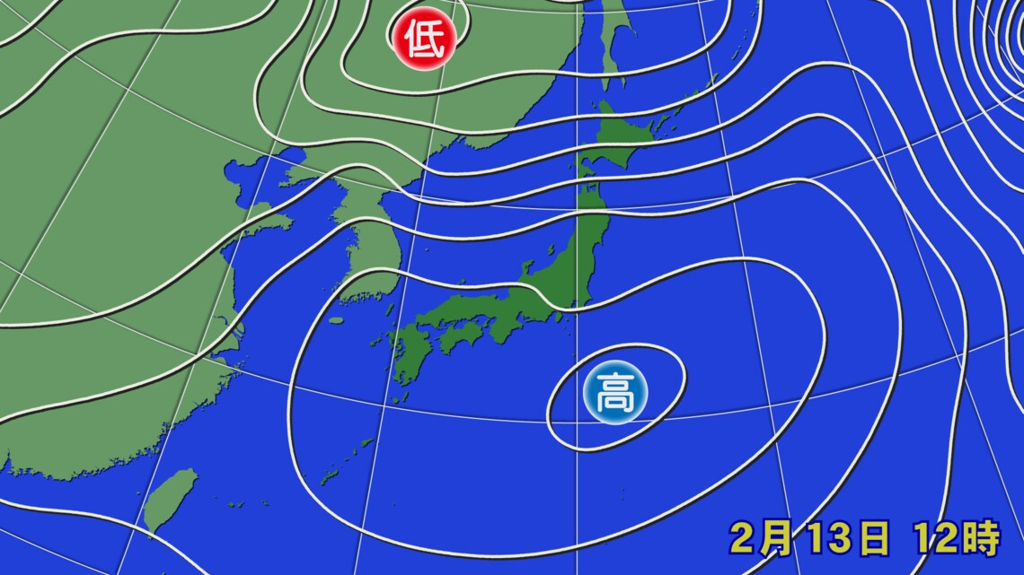 2月13日の天気図（出典：weathermap）