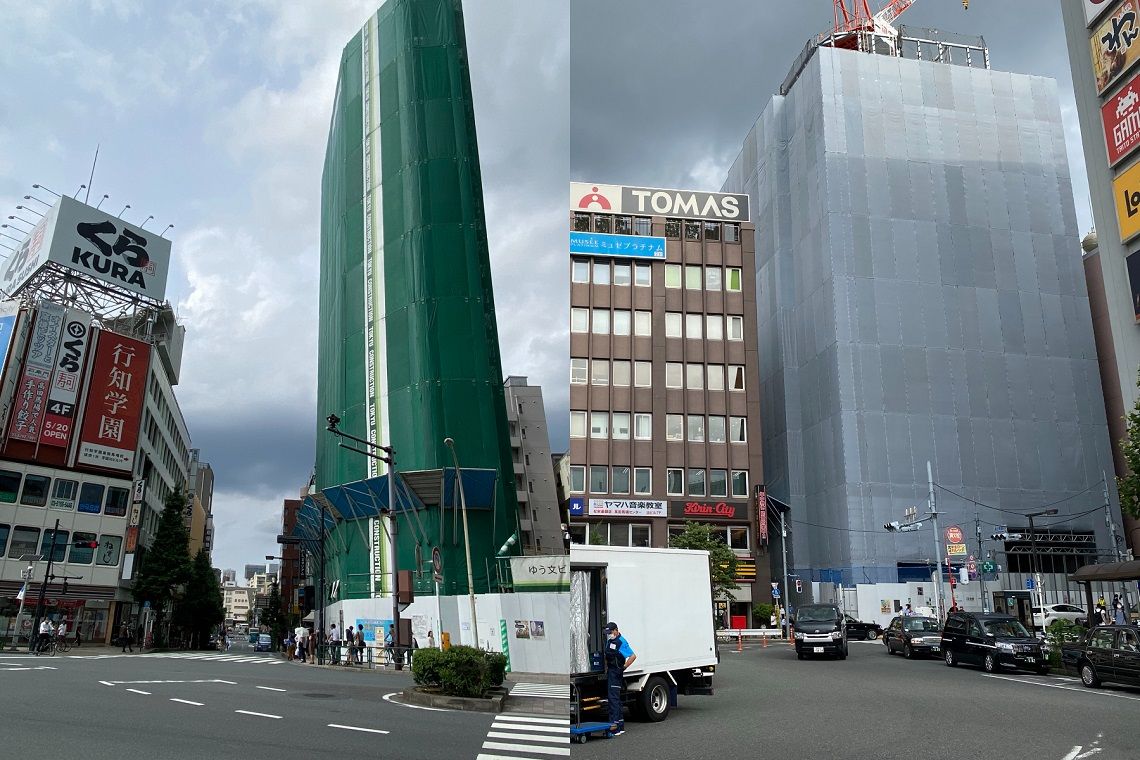 写真左がゆう文ビル・菊月ビルの建て替え現場、右がボストンビルと高田馬場駅前ビルの建て替え現場（筆者撮影）