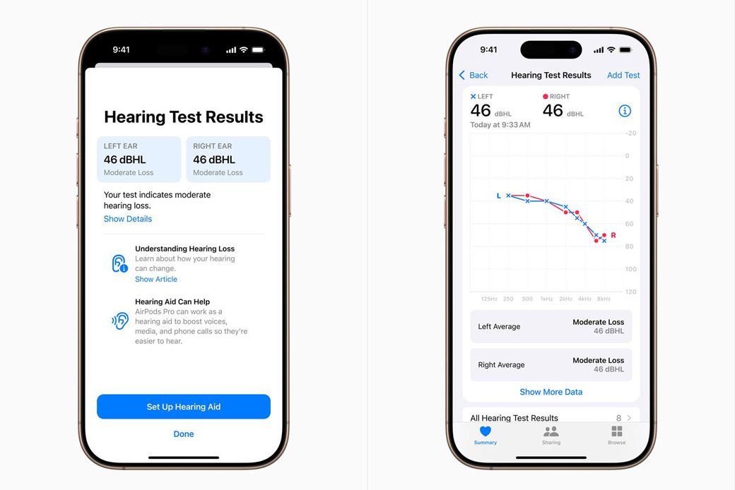 聴覚テストを行い、AirPods Proを補聴器として使えるようにする（写真：アップル）