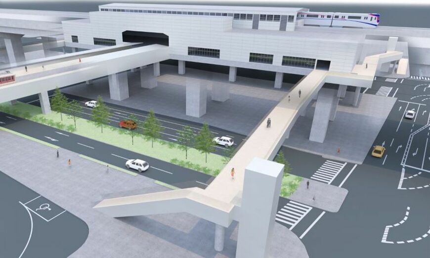 瓜生堂駅（仮称）の外観イメージ。近鉄奈良線を跨ぐ形で設置される（ 出典：「大阪府ホームページ」大阪モノレール延伸事業）