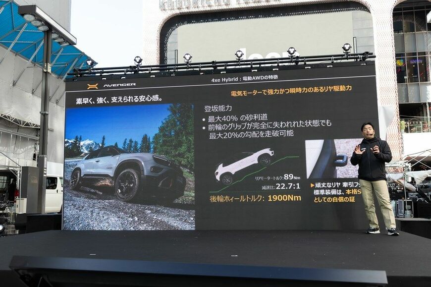 ジープの新型SUV「アベンジャー4xeハイブリッド」とプレス発表会の様子（写真：三木 宏章）