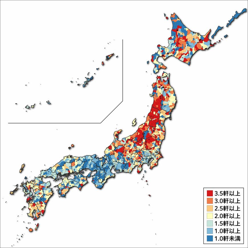 昼間人口1万人あたりのラーメン店舗数（市区町村別）。「Yahoo!ローカルサーチAPI」で業種「グルメ>ラーメン」を検索。北陸から東北地方にかけて、日本海側や内陸部を中心に、人口あたりのラーメン店舗数が多い