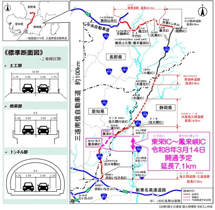 三遠南信自動車道の位置図（国土交通省 中部地方整備局資料より）