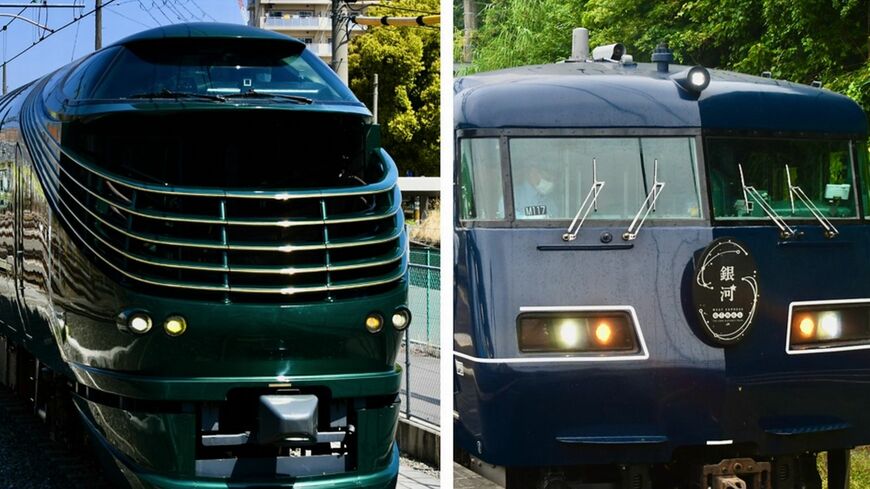 JR西日本の「TWILIGHT EXPRESS 瑞風」（左）と「WEST EXPRESS 銀河」（筆者撮影）